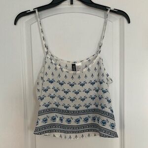 H&M Sheer White Crop Top / Tank Top With Blue Flowers Size Women's 8 (US)